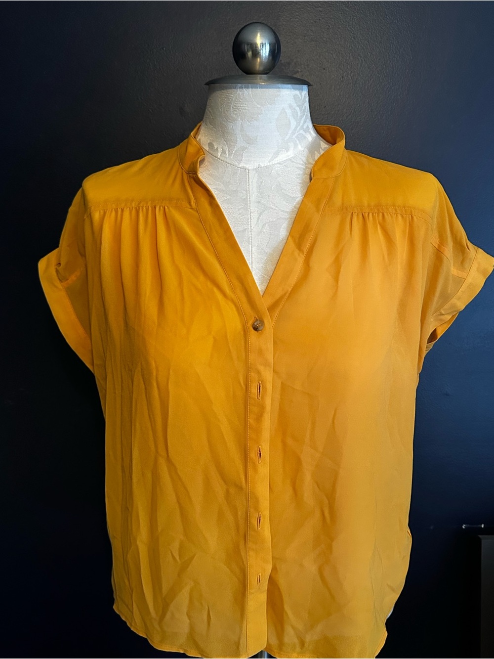 Love21 by Forever 21 Mustard Yellow Split Neck Blouse Short Sleeve Top Large